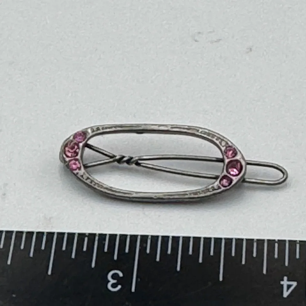 Vintage‎ Silver Tone Rhinestone Hair Clip Set Floral and Oval Pink Clear 2pc